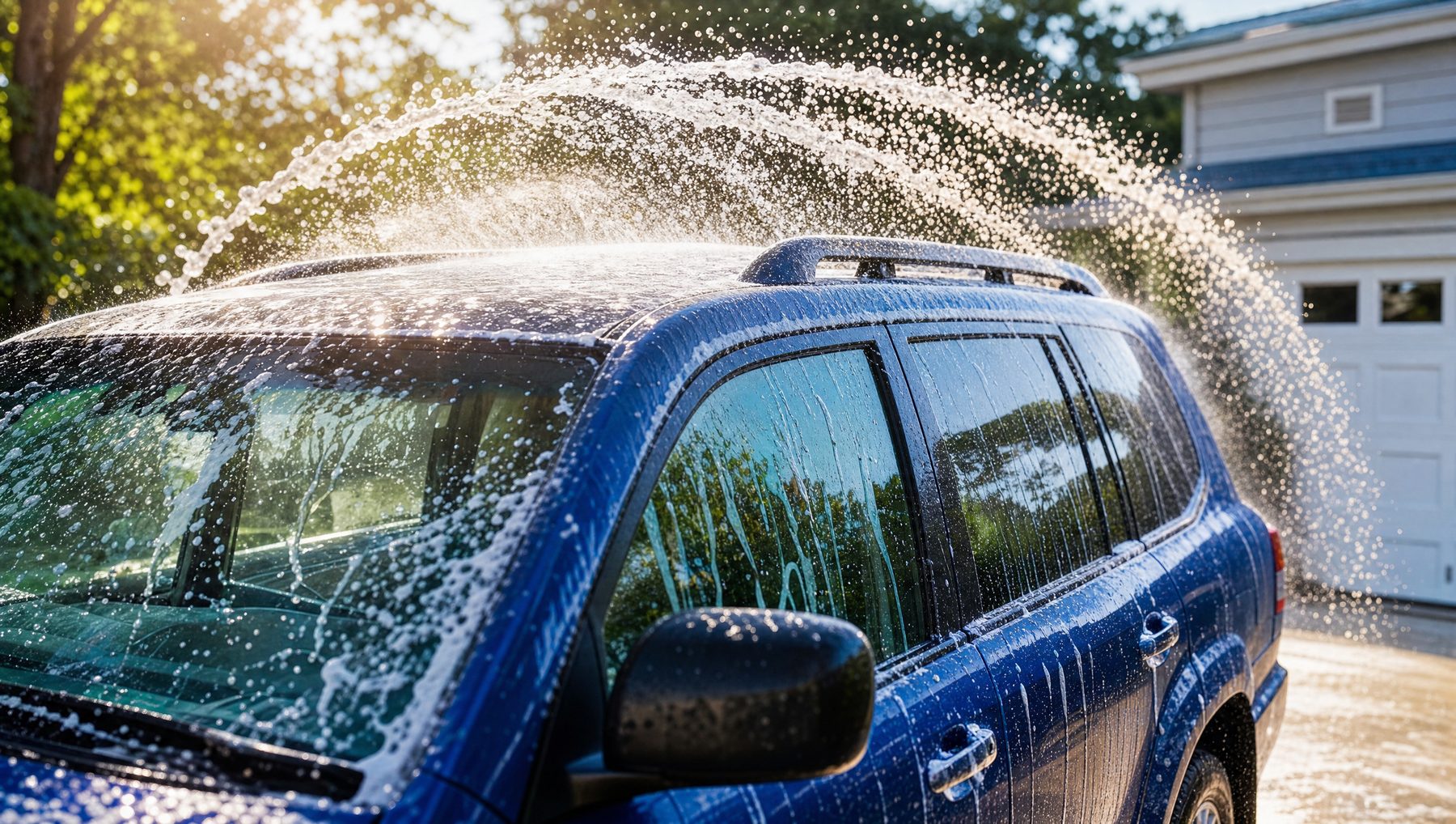Rinse water arcing over a soapy SUV