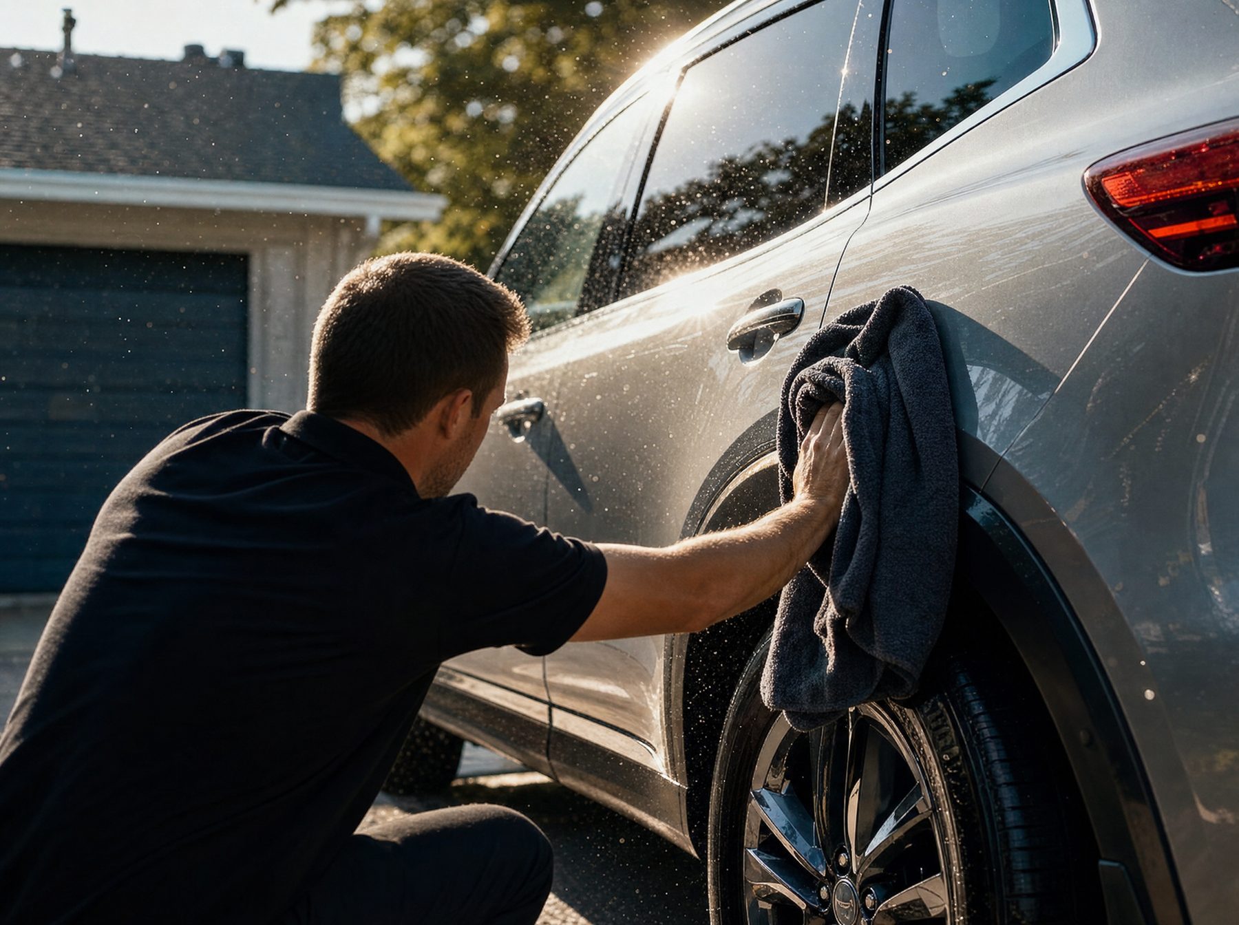 Detailer toweling an SUV in the sun