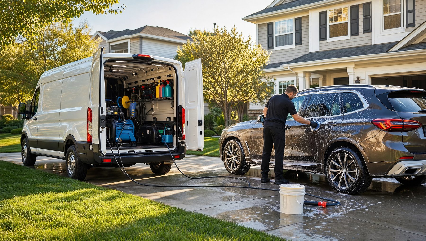 Equipped detailing van at a home